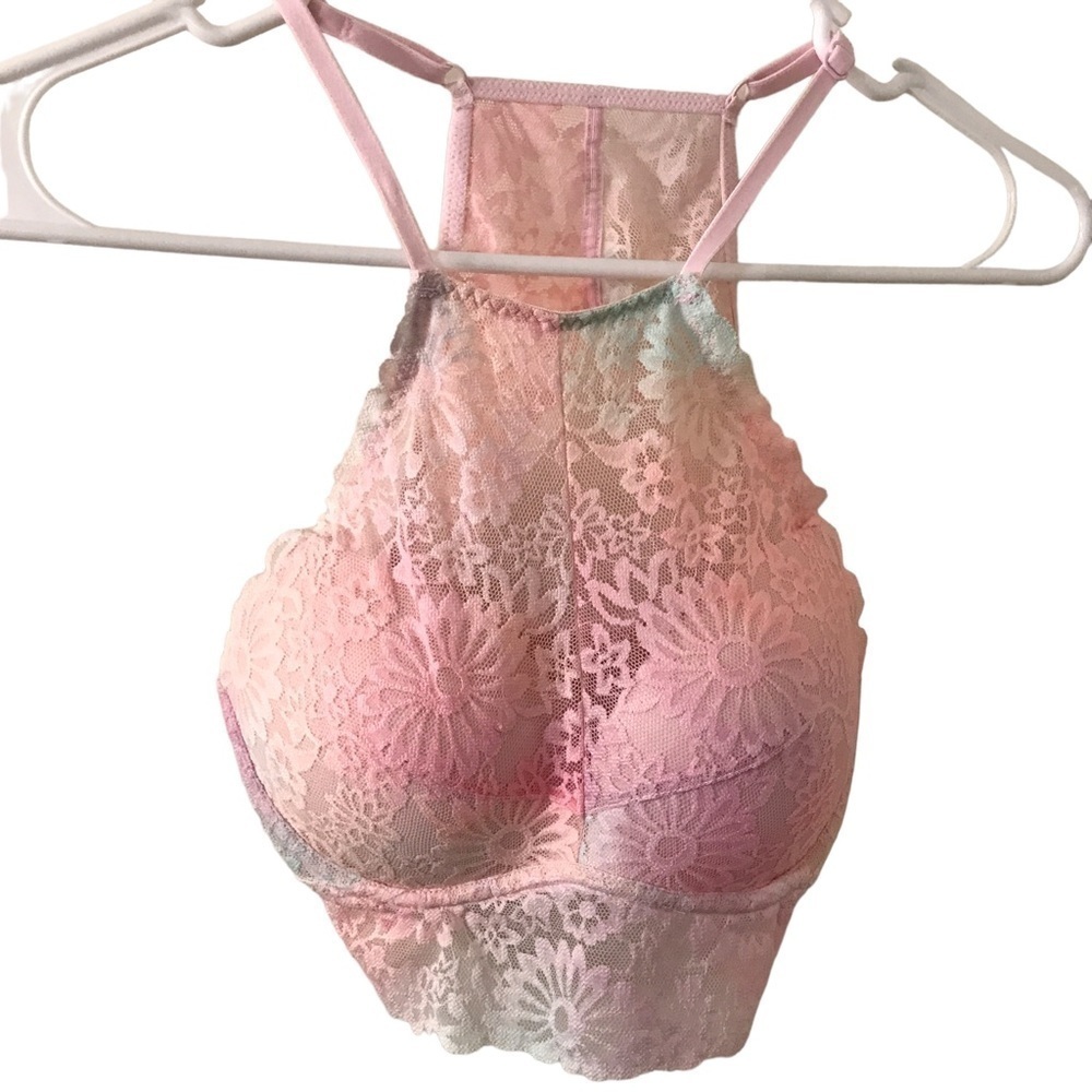 Pink Victoria’s Secret pastel pink halter lace padded bralette size XS